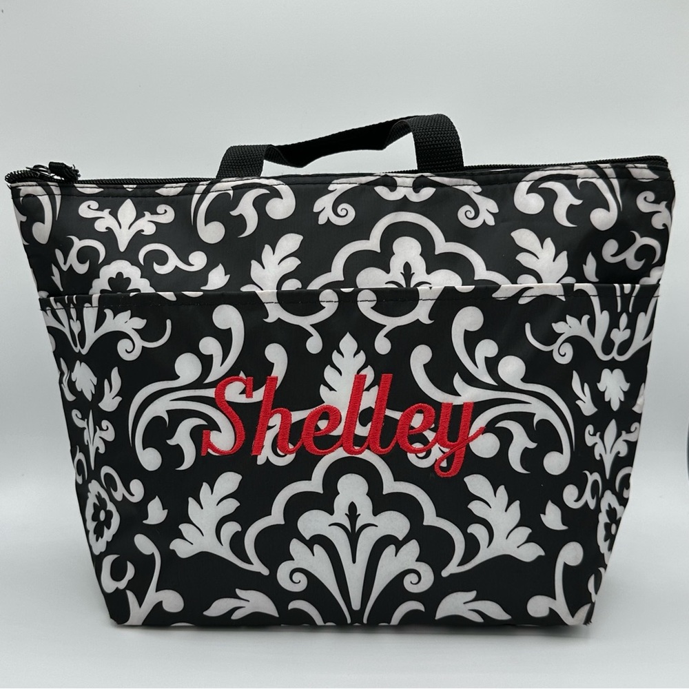 Black and White Damask Lunch Tote W/Embroidered Shelley By thirty-one